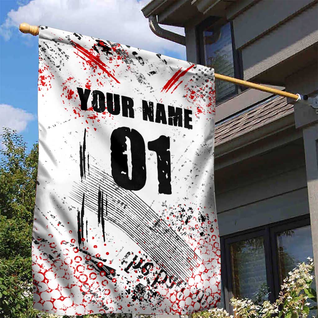 Motocross Rider Garden Flag with Abstract Grunge Brush and Custom Number in Red and Black Splatter Design - Wonder Print Shop