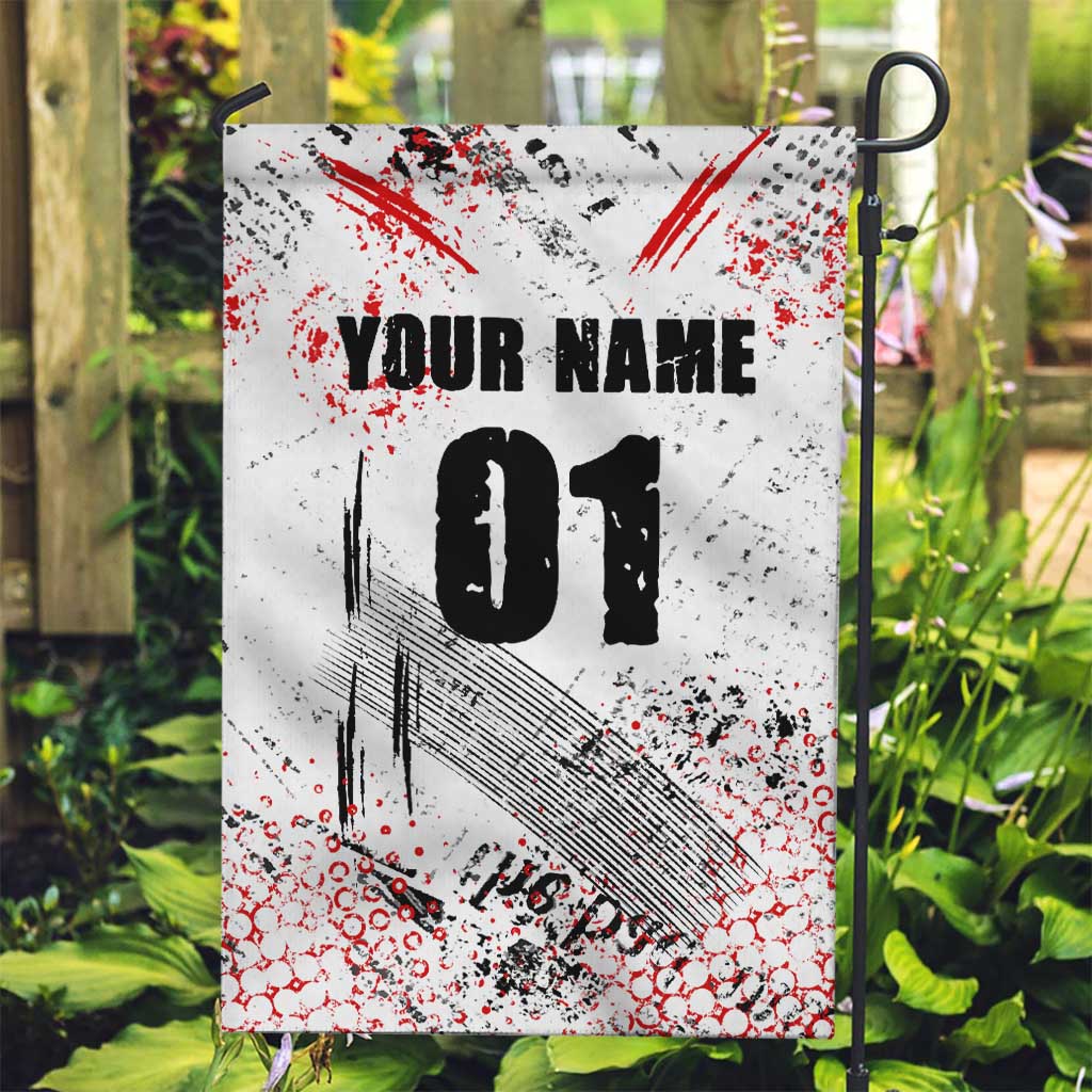 Motocross Rider Garden Flag with Abstract Grunge Brush and Custom Number in Red and Black Splatter Design - Wonder Print Shop