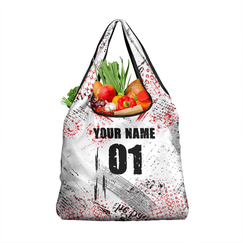 Motocross Rider Grocery Bag with Abstract Grunge Brush and Custom Number in Red and Black Splatter Design - Wonder Print Shop
