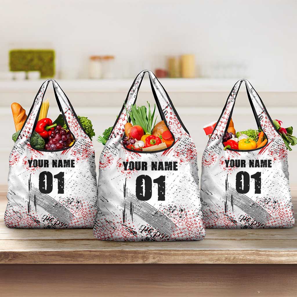Motocross Rider Grocery Bag with Abstract Grunge Brush and Custom Number in Red and Black Splatter Design - Wonder Print Shop