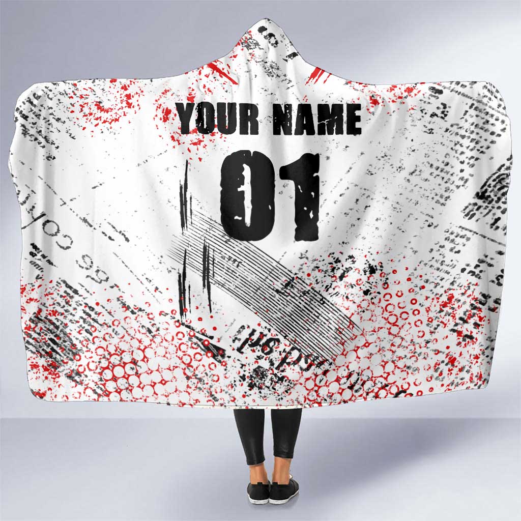 Motocross Rider Hooded Blanket with Abstract Grunge Brush and Custom Number in Red and Black Splatter Design - Wonder Print Shop