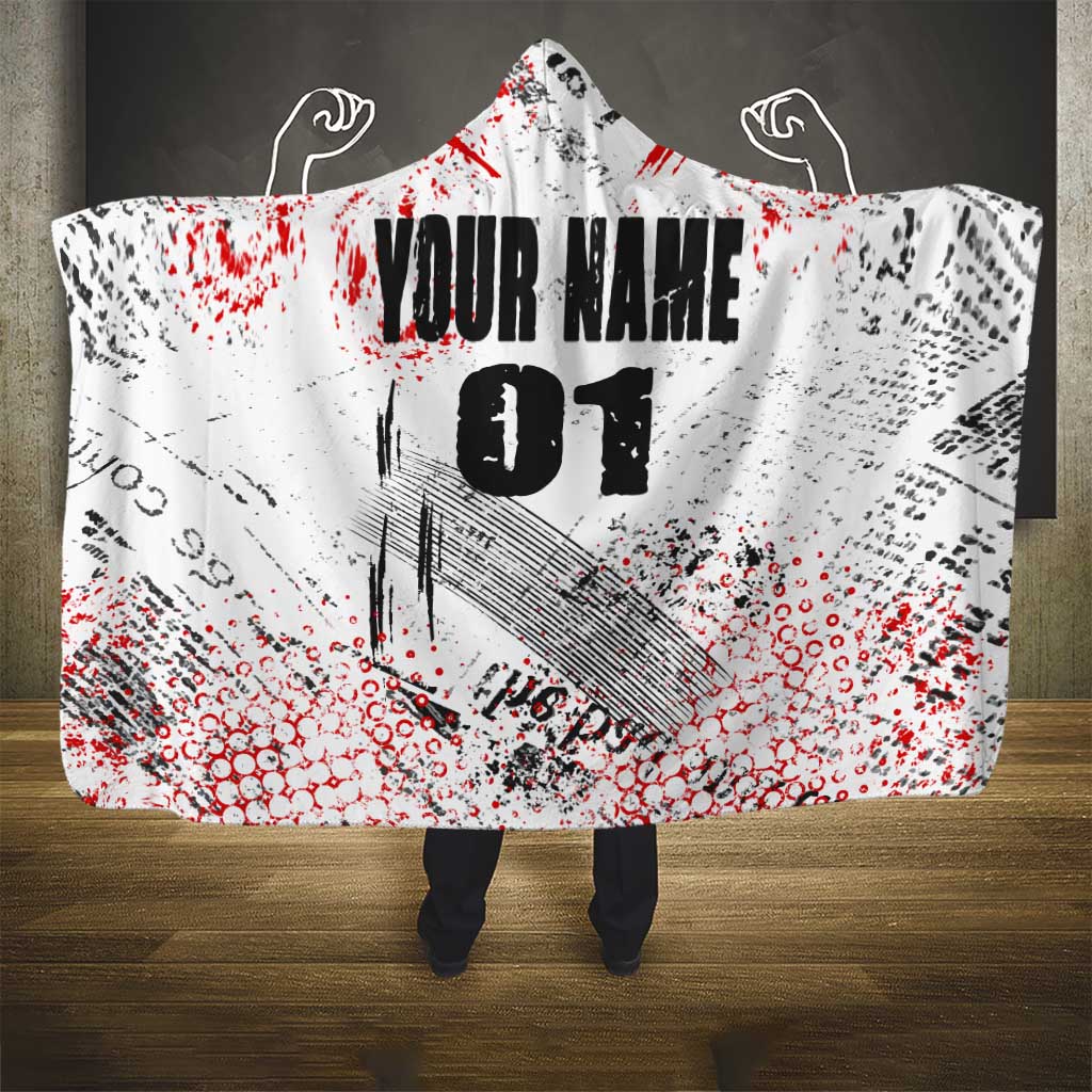 Motocross Rider Hooded Blanket with Abstract Grunge Brush and Custom Number in Red and Black Splatter Design - Wonder Print Shop