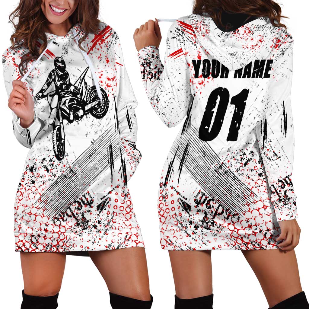 Motocross Rider Hoodie Dress with Abstract Grunge Brush and Custom Number in Red and Black Splatter Design - Wonder Print Shop