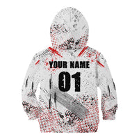 Motocross Rider Kid Hoodie with Abstract Grunge Brush and Custom Number in Red and Black Splatter Design - Wonder Print Shop