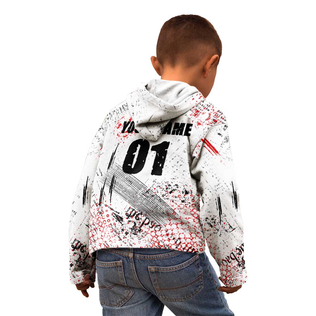 Motocross Rider Kid Hoodie with Abstract Grunge Brush and Custom Number in Red and Black Splatter Design - Wonder Print Shop