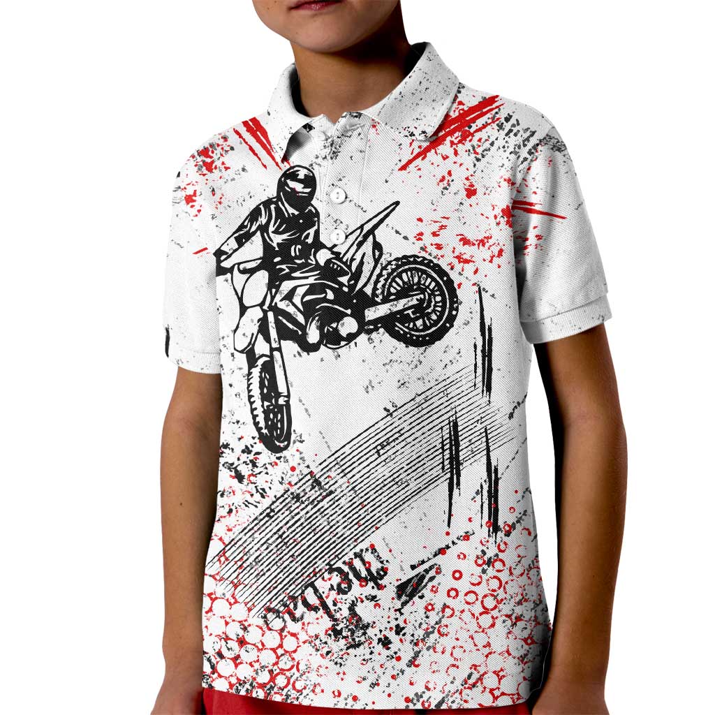 Motocross Rider Kid Polo Shirt with Abstract Grunge Brush and Custom Number in Red and Black Splatter Design - Wonder Print Shop