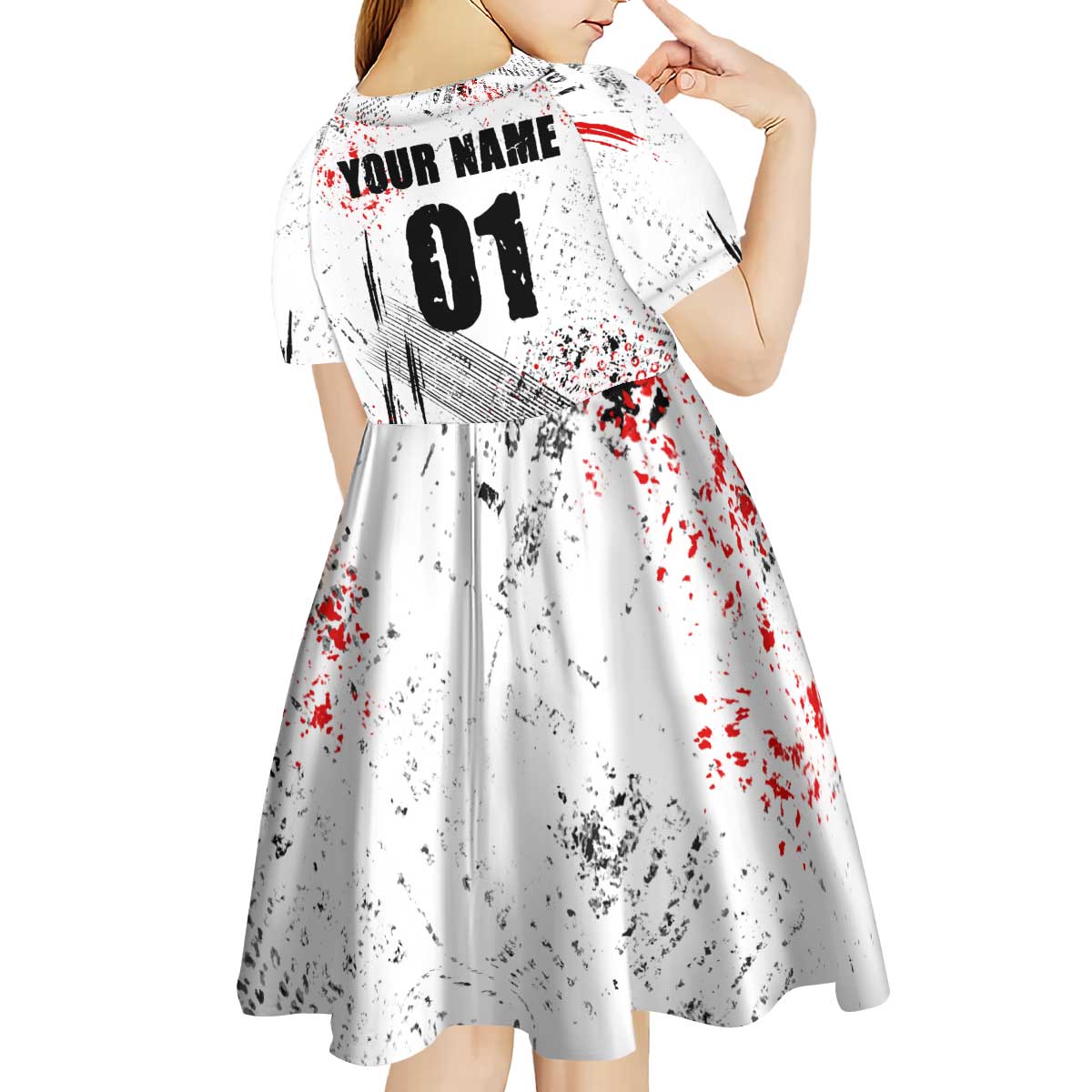 Motocross Rider Kid Short Sleeve Dress with Abstract Grunge Brush and Custom Number in Red and Black Splatter Design - Wonder Print Shop