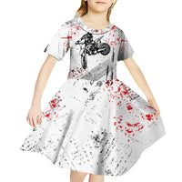 Motocross Rider Kid Short Sleeve Dress with Abstract Grunge Brush and Custom Number in Red and Black Splatter Design - Wonder Print Shop