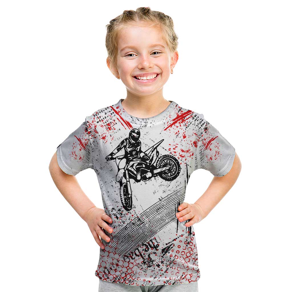 Motocross Rider Kid T Shirt with Abstract Grunge Brush and Custom Number in Red and Black Splatter Design - Wonder Print Shop