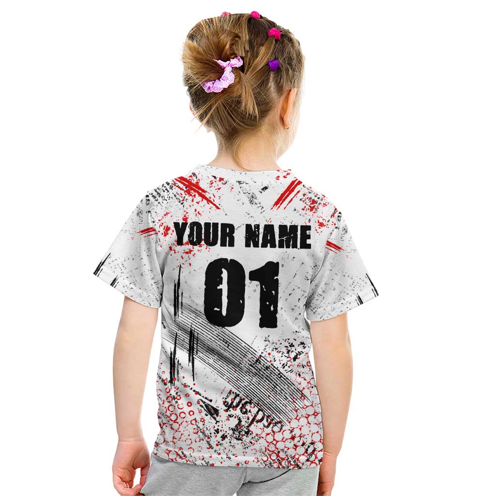 Motocross Rider Kid T Shirt with Abstract Grunge Brush and Custom Number in Red and Black Splatter Design - Wonder Print Shop