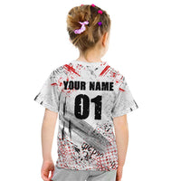 Motocross Rider Kid T Shirt with Abstract Grunge Brush and Custom Number in Red and Black Splatter Design - Wonder Print Shop