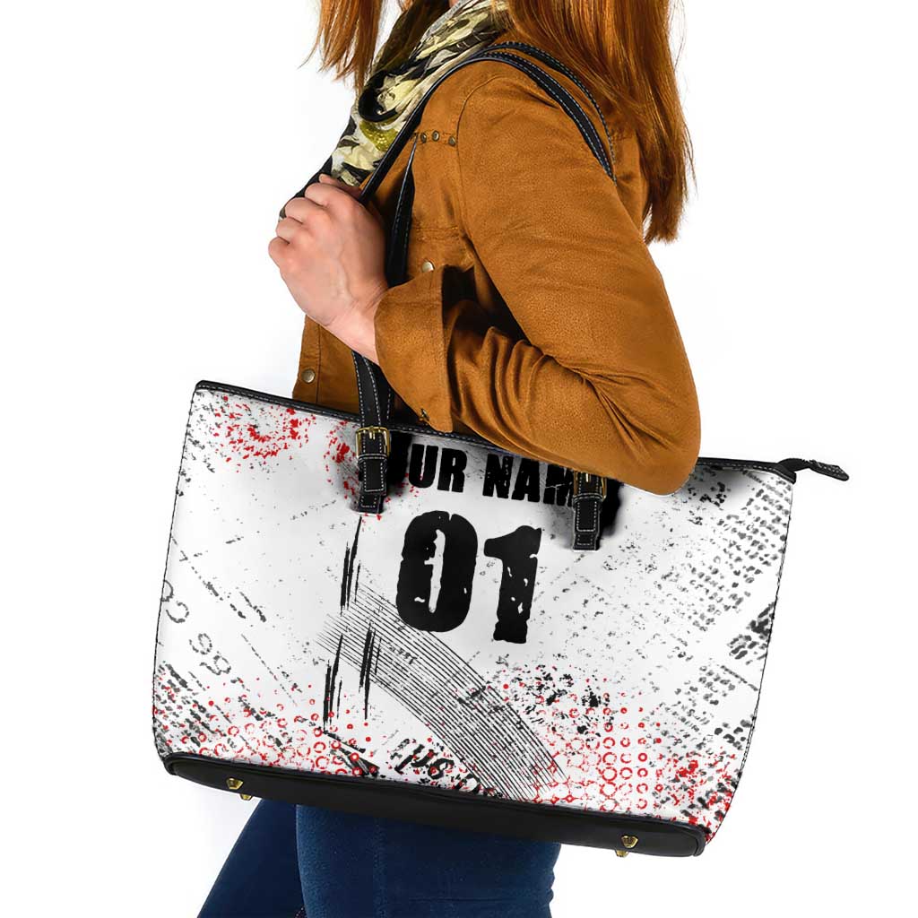 Motocross Rider Leather Tote Bag with Abstract Grunge Brush and Custom Number in Red and Black Splatter Design - Wonder Print Shop