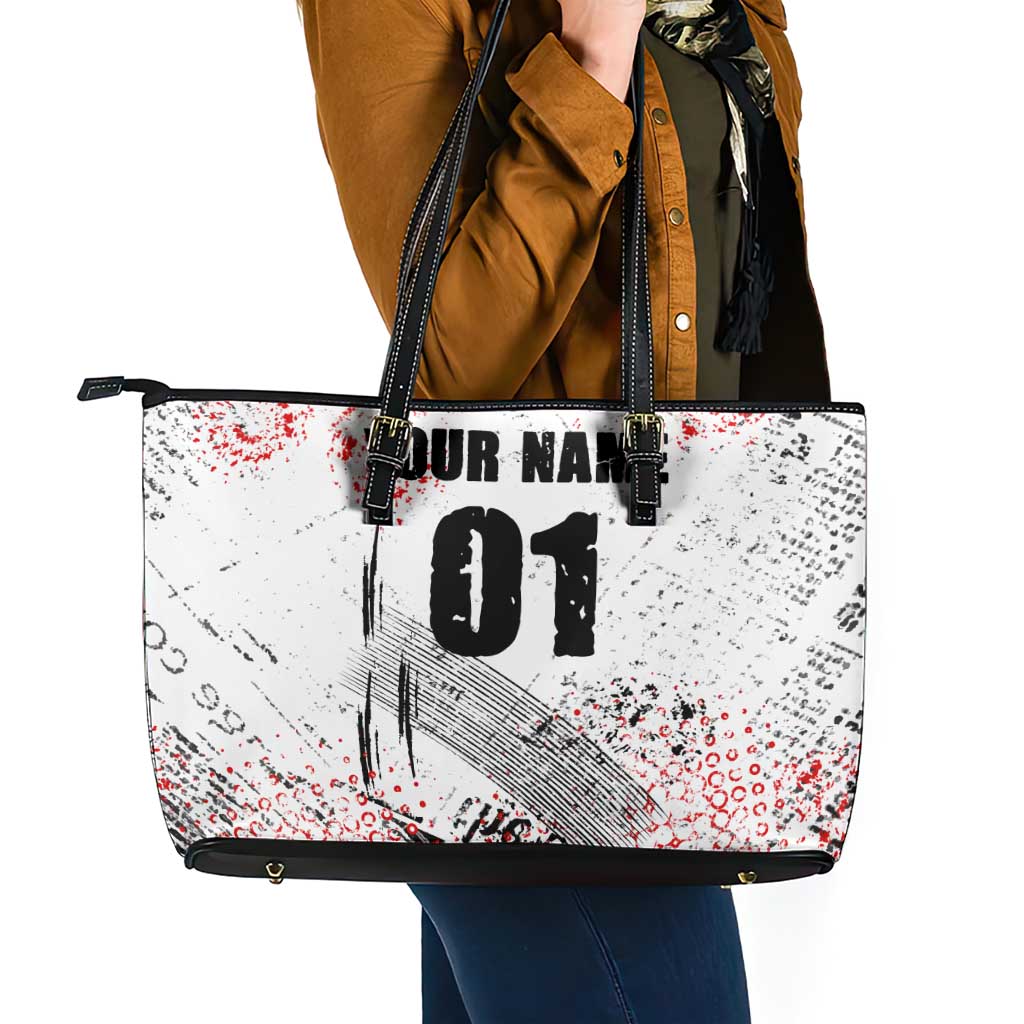Motocross Rider Leather Tote Bag with Abstract Grunge Brush and Custom Number in Red and Black Splatter Design - Wonder Print Shop