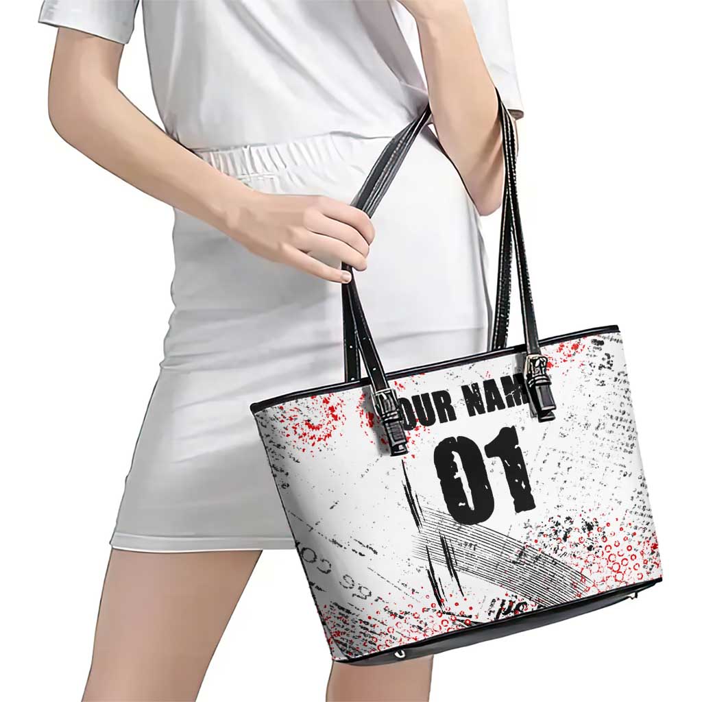 Motocross Rider Leather Tote Bag with Abstract Grunge Brush and Custom Number in Red and Black Splatter Design - Wonder Print Shop