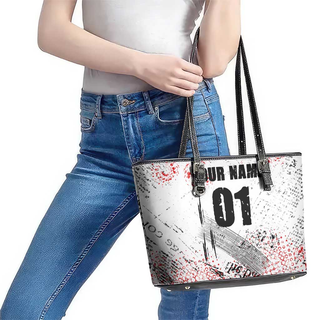 Motocross Rider Leather Tote Bag with Abstract Grunge Brush and Custom Number in Red and Black Splatter Design - Wonder Print Shop