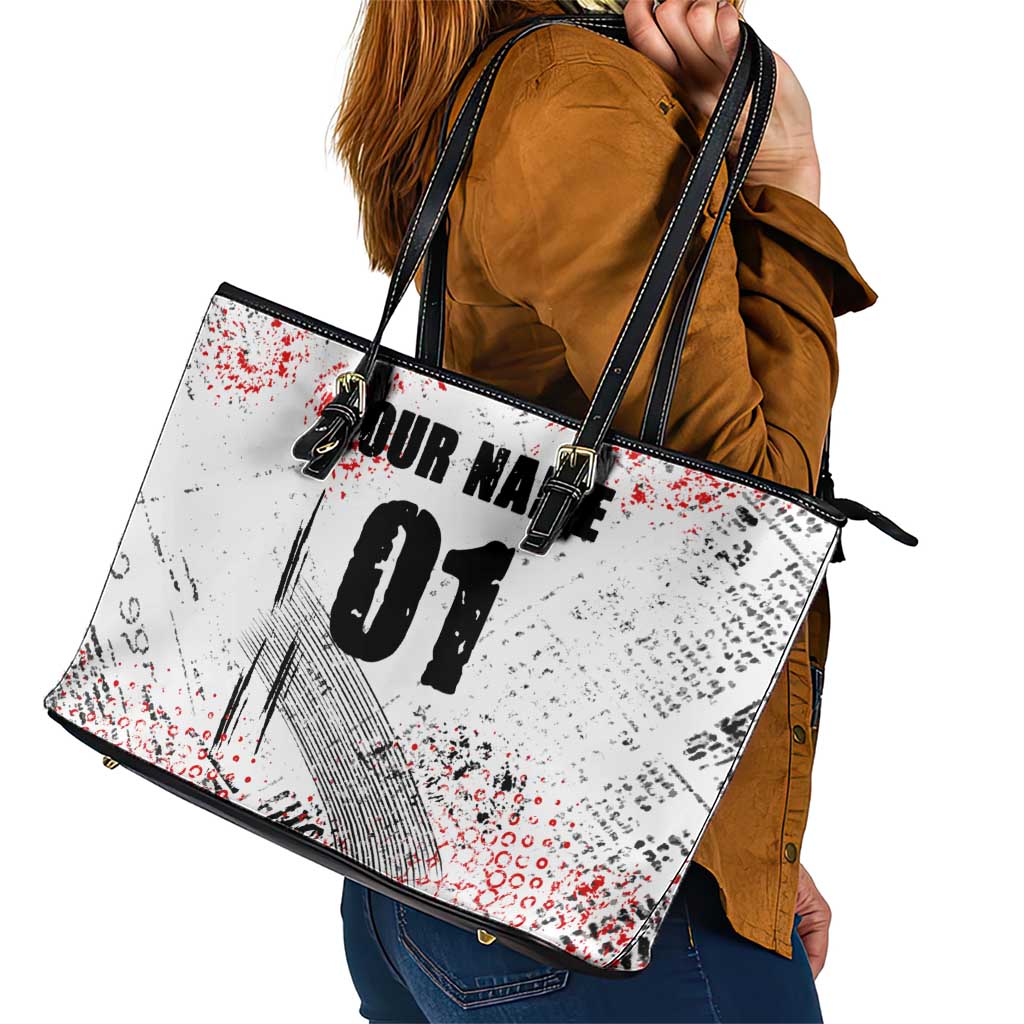 Motocross Rider Leather Tote Bag with Abstract Grunge Brush and Custom Number in Red and Black Splatter Design - Wonder Print Shop