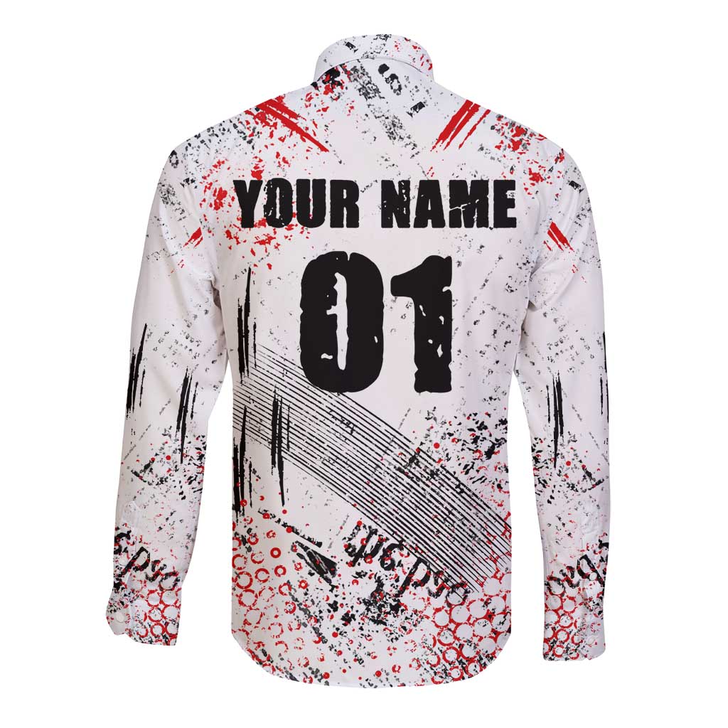 Motocross Rider Long Sleeve Button Shirt with Abstract Grunge Brush and Custom Number in Red and Black Splatter Design - Wonder Print Shop