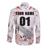Motocross Rider Long Sleeve Button Shirt with Abstract Grunge Brush and Custom Number in Red and Black Splatter Design - Wonder Print Shop