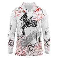 Motocross Rider Long Sleeve Polo Shirt with Abstract Grunge Brush and Custom Number in Red and Black Splatter Design - Wonder Print Shop