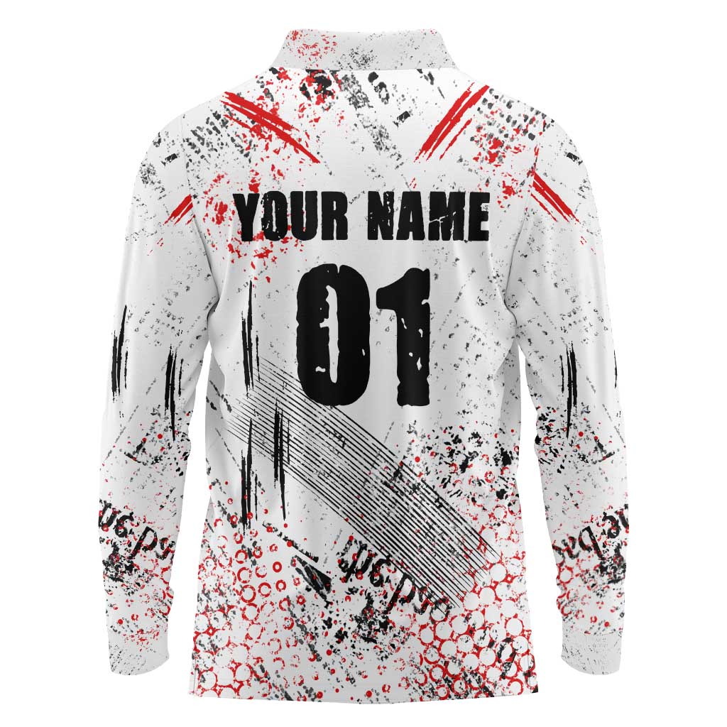 Motocross Rider Long Sleeve Polo Shirt with Abstract Grunge Brush and Custom Number in Red and Black Splatter Design - Wonder Print Shop
