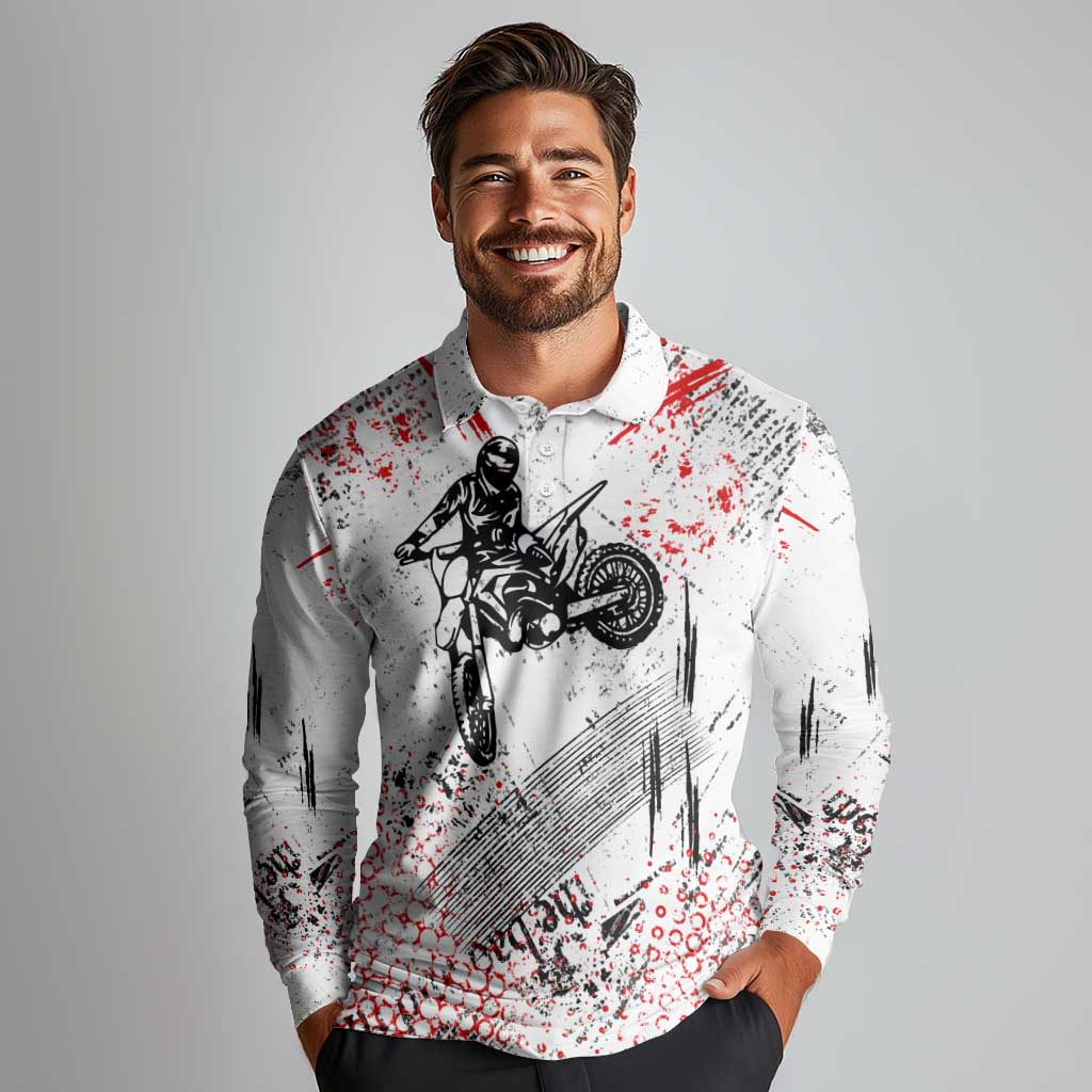 Motocross Rider Long Sleeve Polo Shirt with Abstract Grunge Brush and Custom Number in Red and Black Splatter Design - Wonder Print Shop