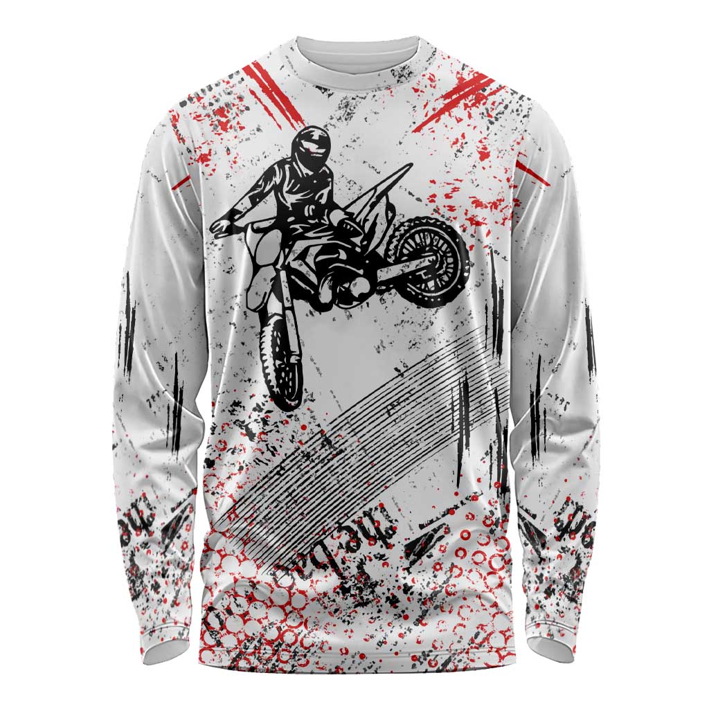 Motocross Rider Long Sleeve Shirt with Abstract Grunge Brush and Custom Number in Red and Black Splatter Design - Wonder Print Shop