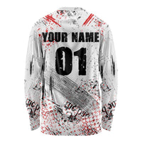 Motocross Rider Long Sleeve Shirt with Abstract Grunge Brush and Custom Number in Red and Black Splatter Design - Wonder Print Shop