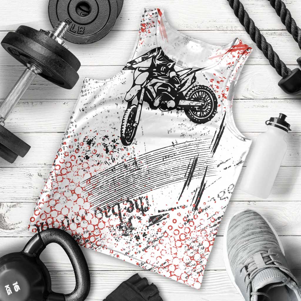 Motocross Rider Men Tank Top with Abstract Grunge Brush and Custom Number in Red and Black Splatter Design - Wonder Print Shop