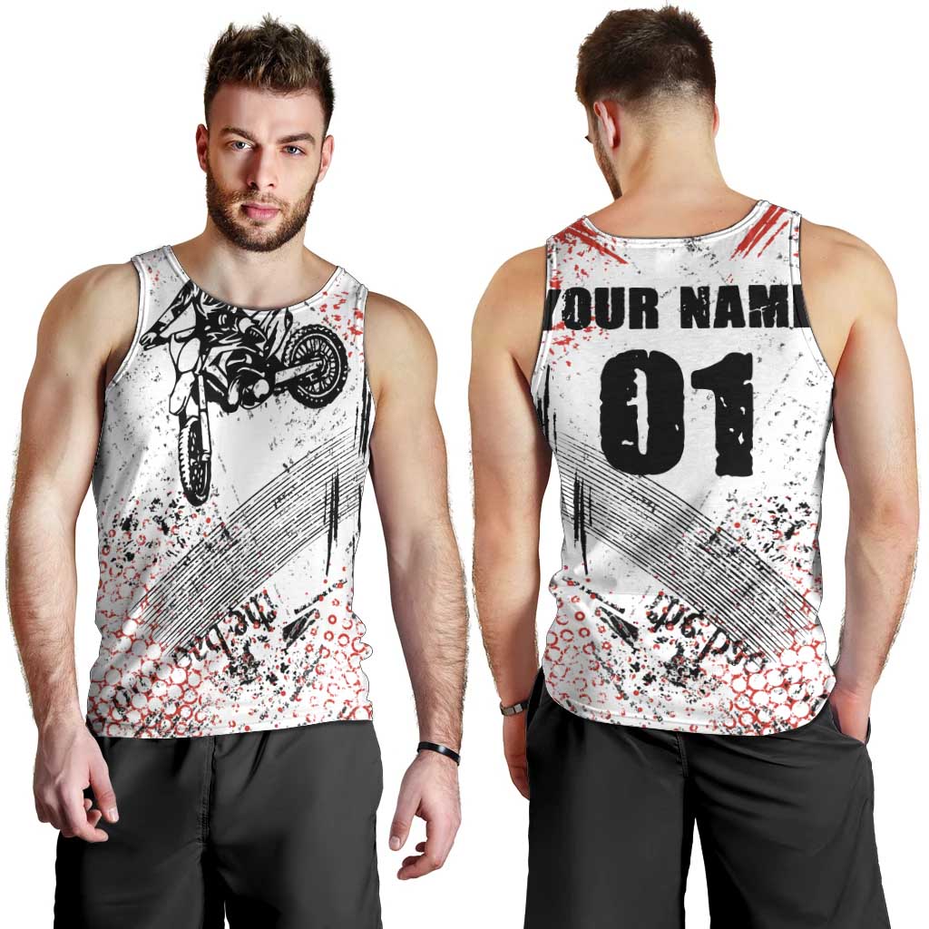 Motocross Rider Men Tank Top with Abstract Grunge Brush and Custom Number in Red and Black Splatter Design - Wonder Print Shop