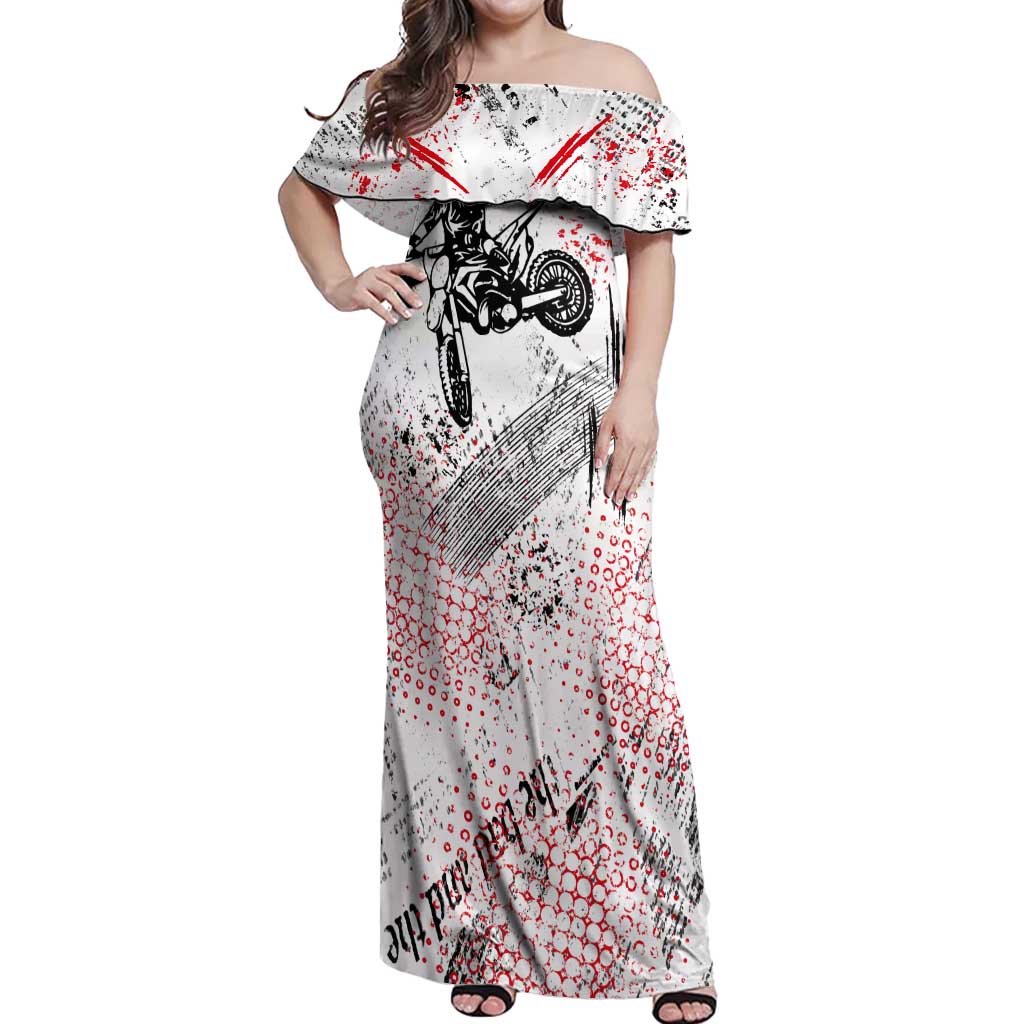 Motocross Rider Off Shoulder Maxi Dress with Abstract Grunge Brush and Custom Number in Red and Black Splatter Design - Wonder Print Shop