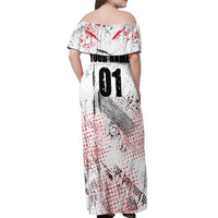 Motocross Rider Off Shoulder Maxi Dress with Abstract Grunge Brush and Custom Number in Red and Black Splatter Design - Wonder Print Shop