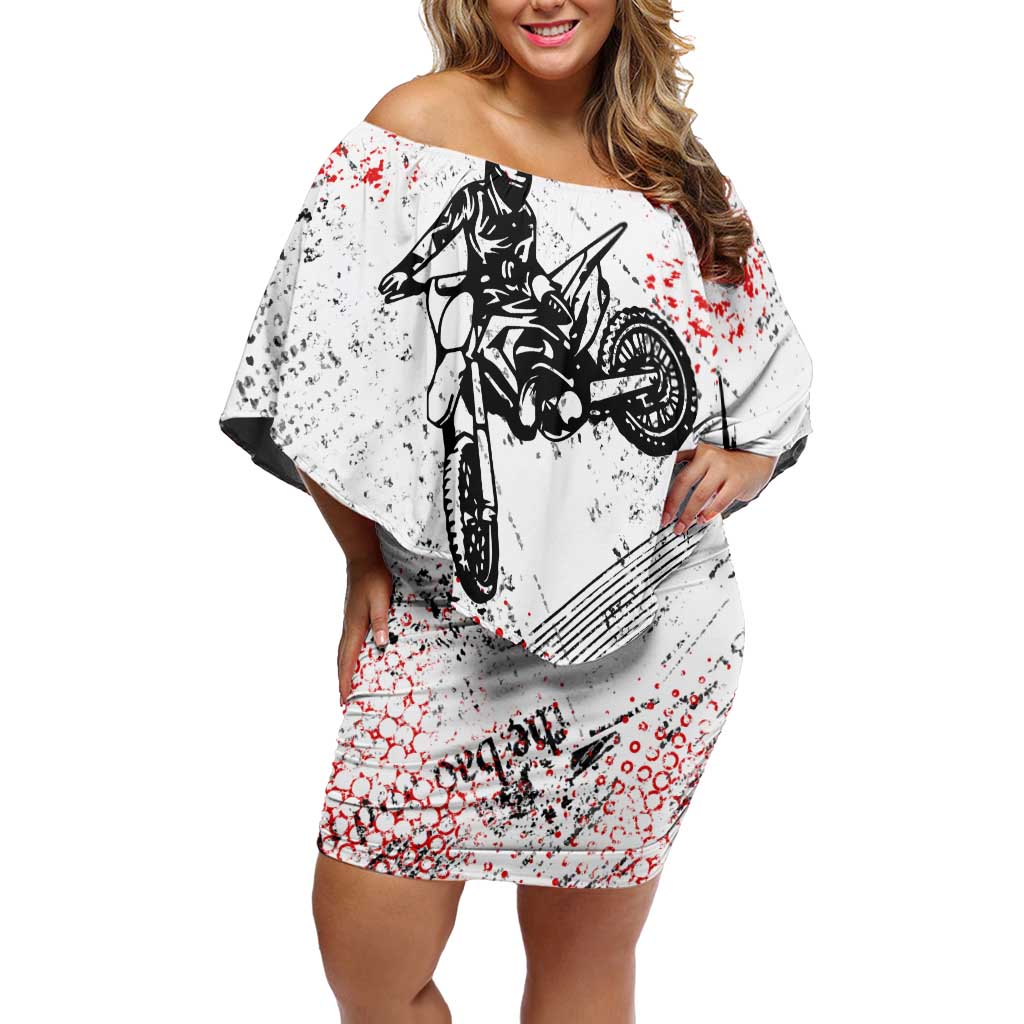 Motocross Rider Off Shoulder Short Dress with Abstract Grunge Brush and Custom Number in Red and Black Splatter Design - Wonder Print Shop