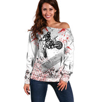 Motocross Rider Off Shoulder Sweater with Abstract Grunge Brush and Custom Number in Red and Black Splatter Design - Wonder Print Shop