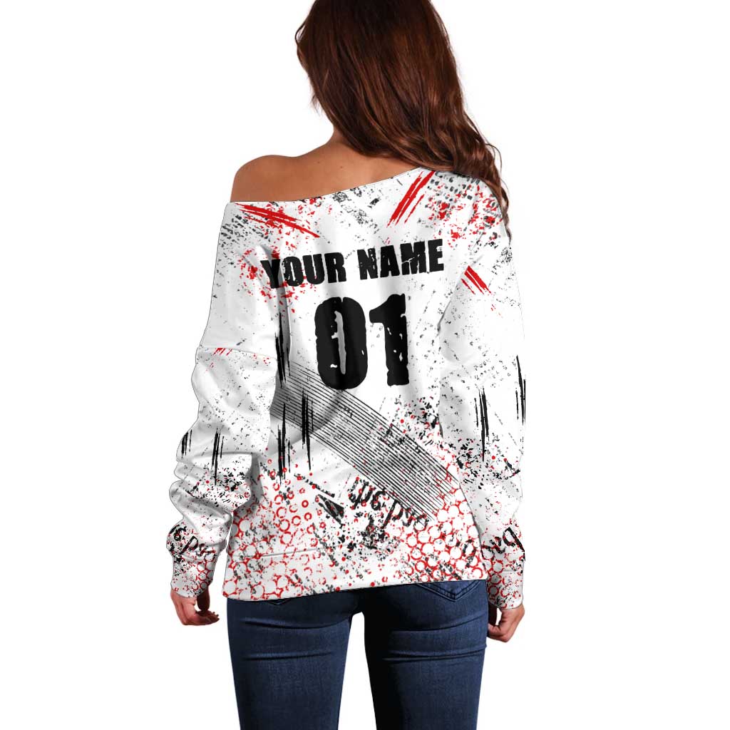 Motocross Rider Off Shoulder Sweater with Abstract Grunge Brush and Custom Number in Red and Black Splatter Design - Wonder Print Shop