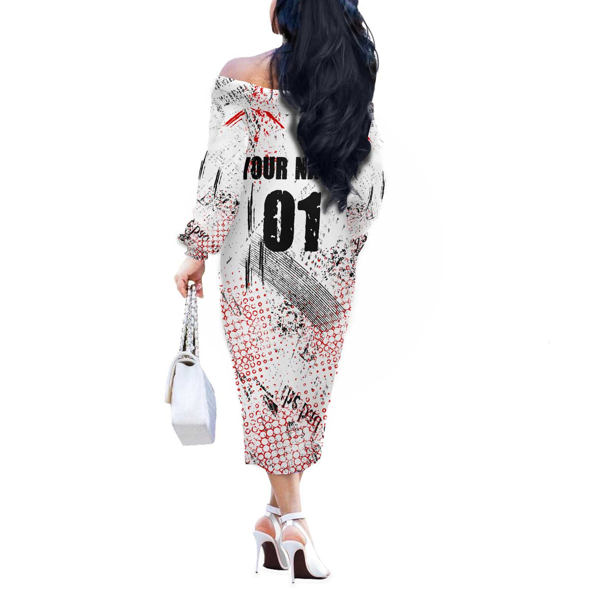 Motocross Rider Off The Shoulder Long Sleeve Dress with Abstract Grunge Brush and Custom Number in Red and Black Splatter Design - Wonder Print Shop