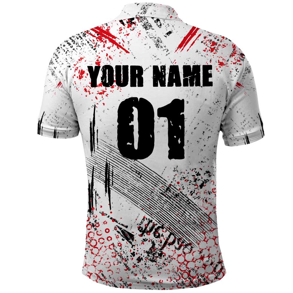 Motocross Rider Polo Shirt with Abstract Grunge Brush and Custom Number in Red and Black Splatter Design - Wonder Print Shop