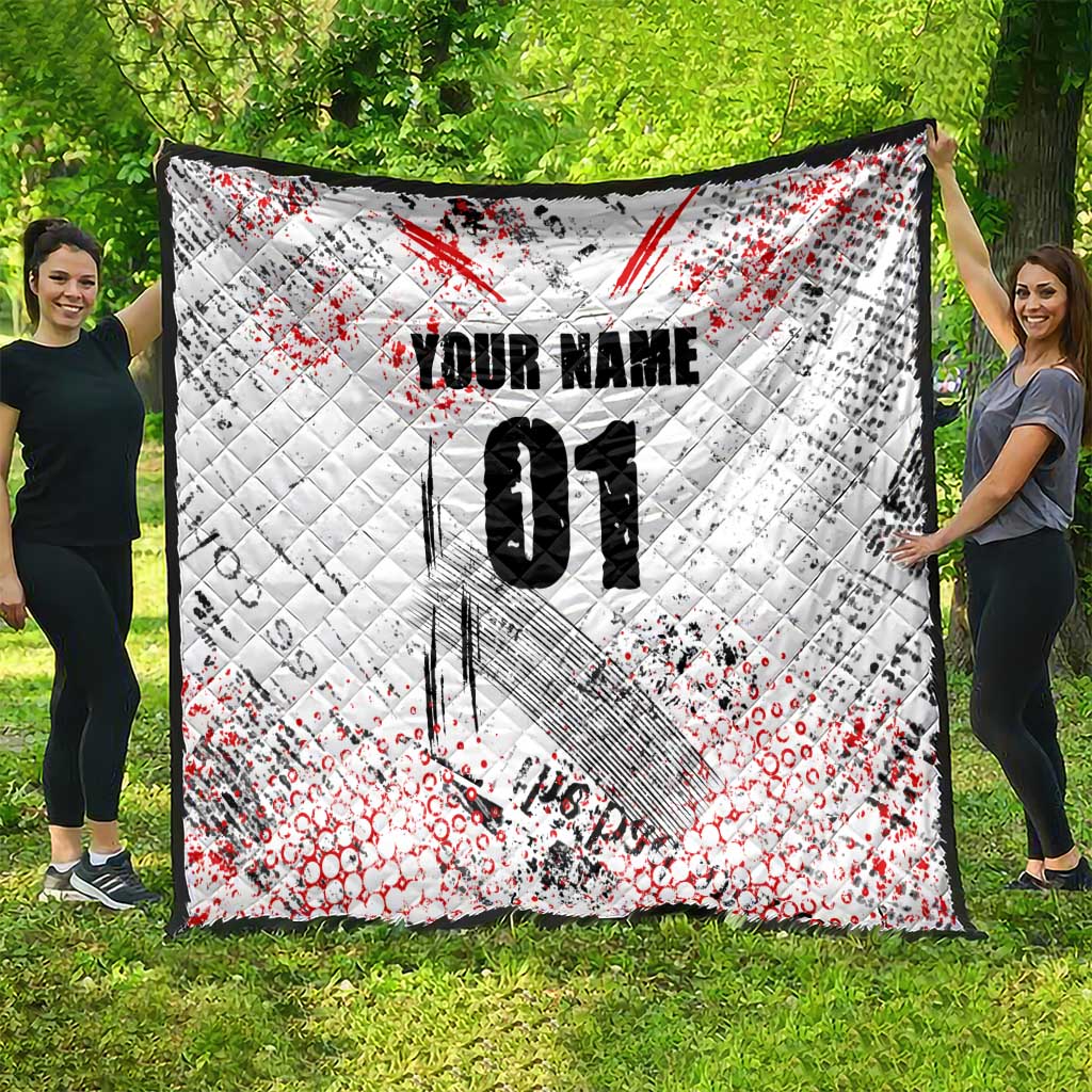 Motocross Rider Quilt with Abstract Grunge Brush and Custom Number in Red and Black Splatter Design - Wonder Print Shop