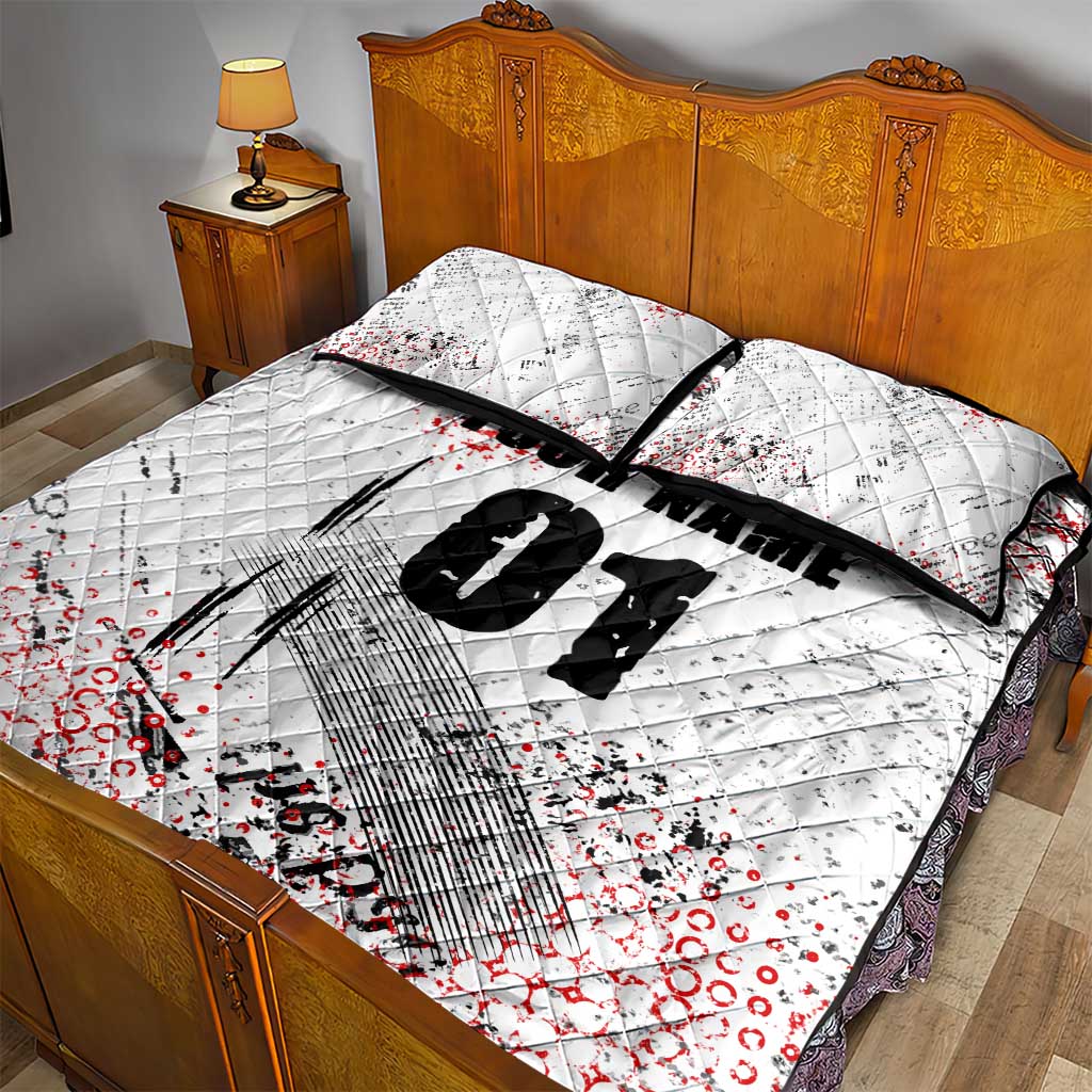 Motocross Rider Quilt Bed Set with Abstract Grunge Brush and Custom Number in Red and Black Splatter Design - Wonder Print Shop