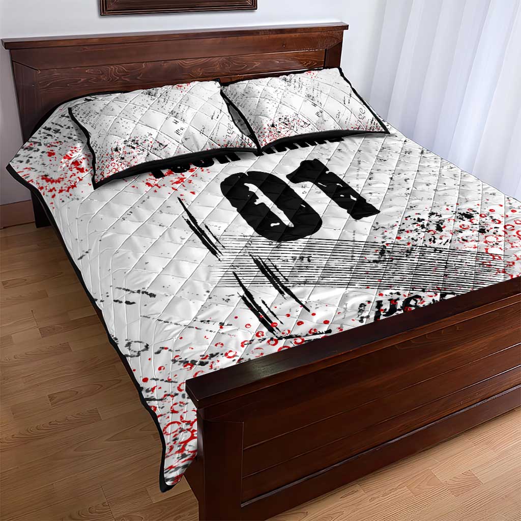 Motocross Rider Quilt Bed Set with Abstract Grunge Brush and Custom Number in Red and Black Splatter Design - Wonder Print Shop