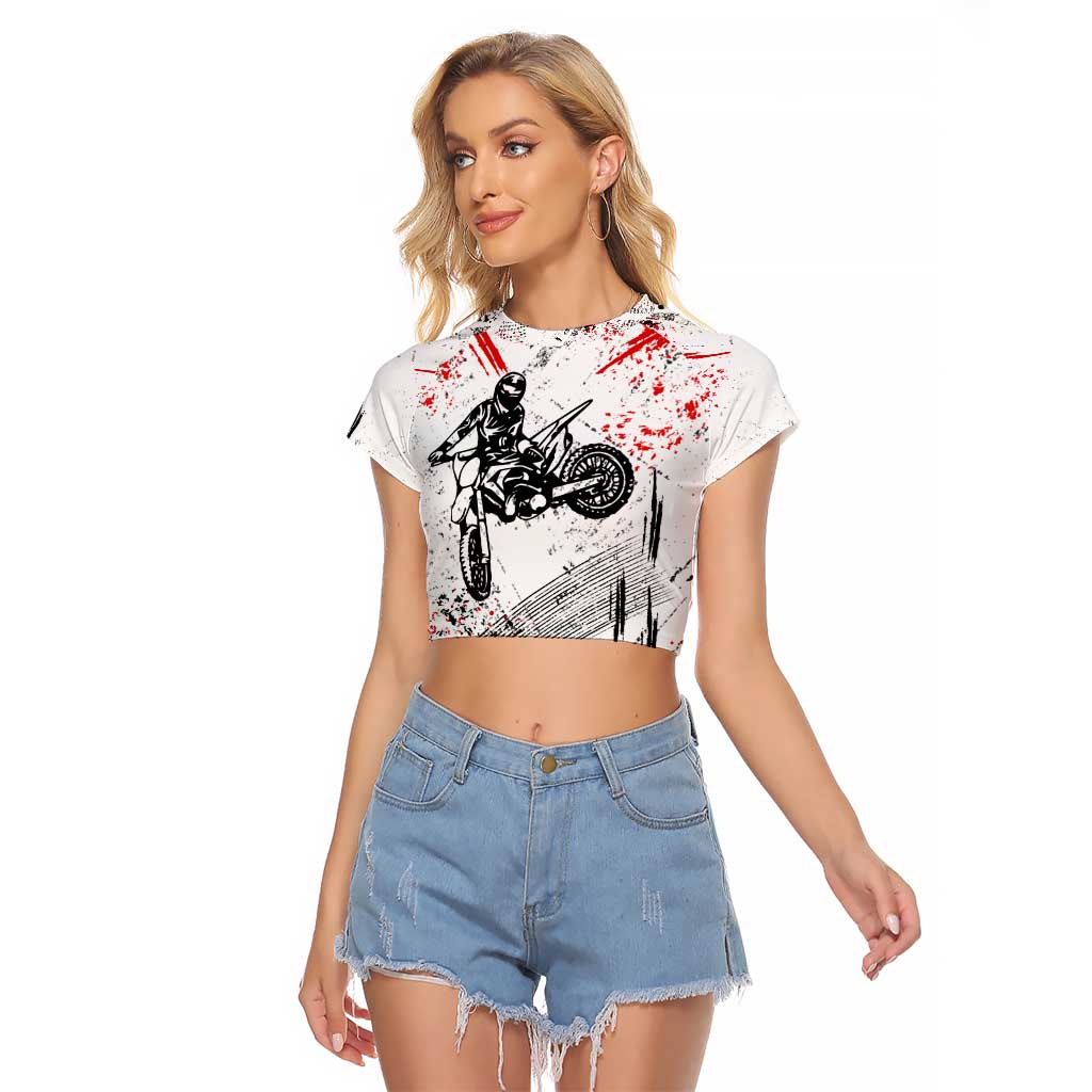Motocross Rider Raglan Cropped T Shirt with Abstract Grunge Brush and Custom Number in Red and Black Splatter Design - Wonder Print Shop
