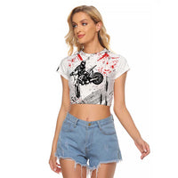 Motocross Rider Raglan Cropped T Shirt with Abstract Grunge Brush and Custom Number in Red and Black Splatter Design - Wonder Print Shop