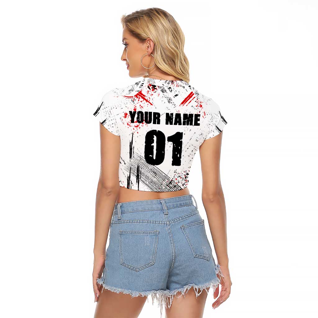 Motocross Rider Raglan Cropped T Shirt with Abstract Grunge Brush and Custom Number in Red and Black Splatter Design - Wonder Print Shop