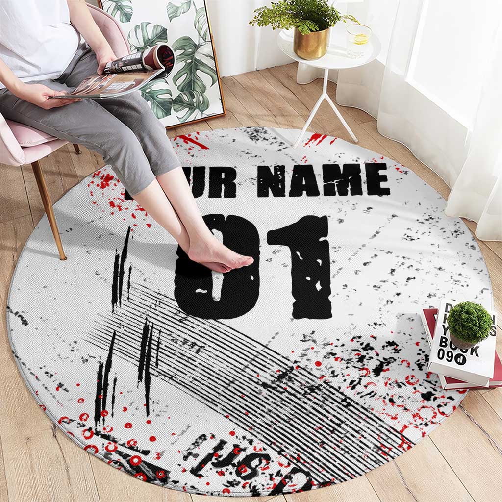 Motocross Rider Round Carpet with Abstract Grunge Brush and Custom Number in Red and Black Splatter Design - Wonder Print Shop