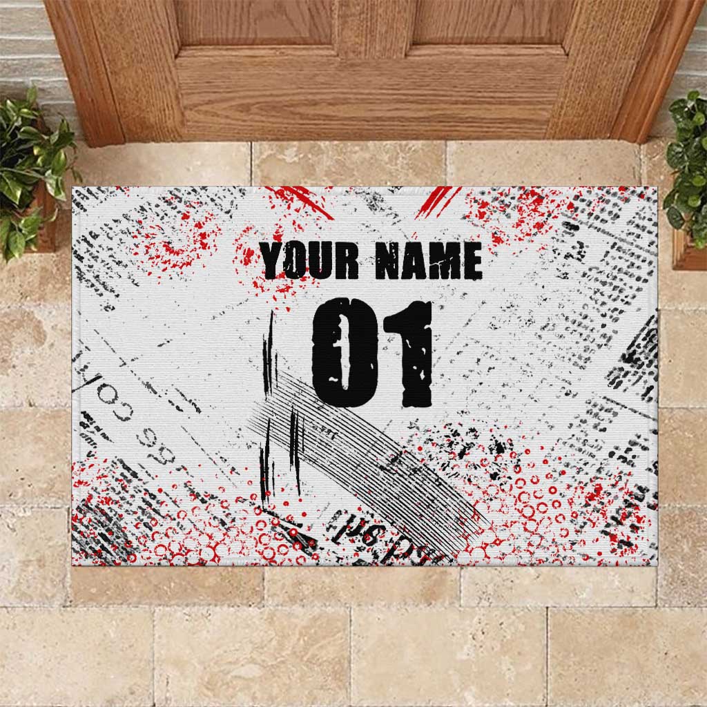 Motocross Rider Rubber Doormat with Abstract Grunge Brush and Custom Number in Red and Black Splatter Design - Wonder Print Shop