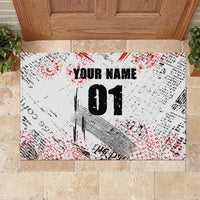 Motocross Rider Rubber Doormat with Abstract Grunge Brush and Custom Number in Red and Black Splatter Design - Wonder Print Shop