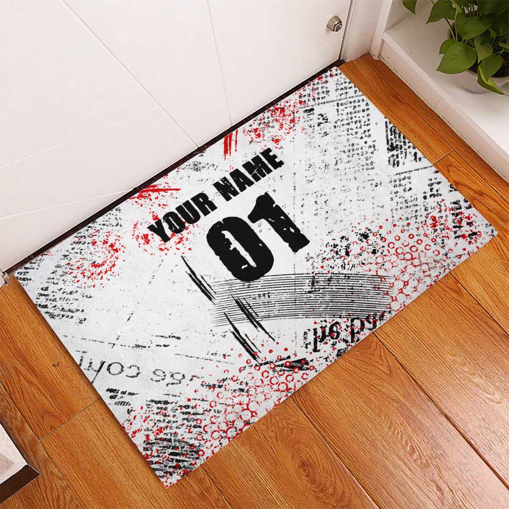 Motocross Rider Rubber Doormat with Abstract Grunge Brush and Custom Number in Red and Black Splatter Design - Wonder Print Shop