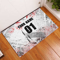 Motocross Rider Rubber Doormat with Abstract Grunge Brush and Custom Number in Red and Black Splatter Design - Wonder Print Shop
