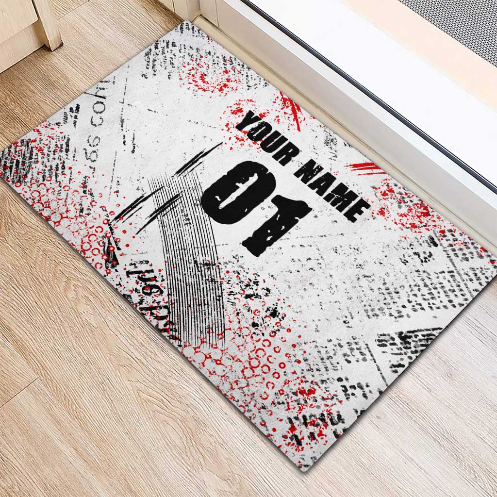 Motocross Rider Rubber Doormat with Abstract Grunge Brush and Custom Number in Red and Black Splatter Design - Wonder Print Shop