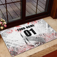 Motocross Rider Rubber Doormat with Abstract Grunge Brush and Custom Number in Red and Black Splatter Design - Wonder Print Shop