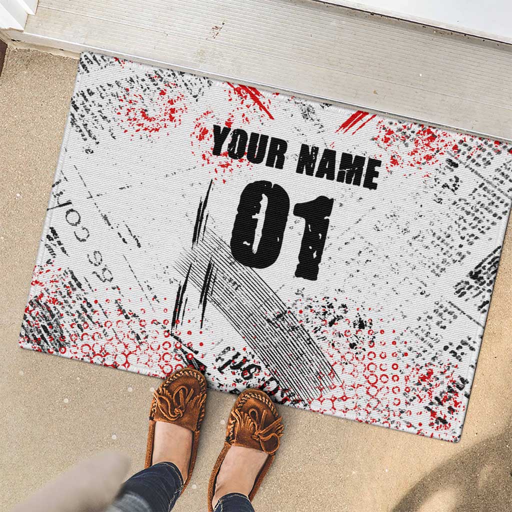 Motocross Rider Rubber Doormat with Abstract Grunge Brush and Custom Number in Red and Black Splatter Design - Wonder Print Shop